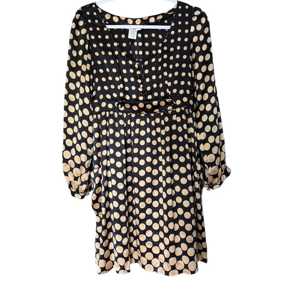 Vertigo Paris 100% Silk Polka Dot Mini Dress Women's Small Black Gold Pockets